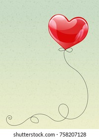 Flying heart shape helium balloon with curly ribbon. Happy Valebtine's day card template. Vector illustration