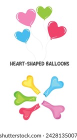 Flying heart shaped balloon bunch and uninflated balloons vector in cartoon style. Empty balloons and flying heart shaped balloons. Flat vector isolated on white background.