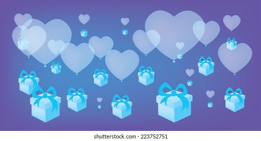 Flying heart shaped balloons with blue gift boxes vector background/Flying heart shaped balloons with blue gift boxes