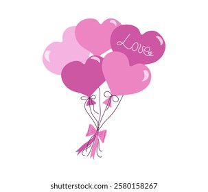 Flying heart shaped balloons. Inscription, word Love. Sky, clouds, bunch of balloons, bow. Festive design of postcard for wedding, birthday, Valentine's Day. Vector illustration.
