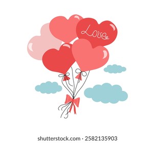 Flying heart shaped balloons. Inscription, word Love. Sky, clouds, bunch of balloons, bow. Festive design of postcard for wedding, birthday, Valentine's Day. Vector illustration.