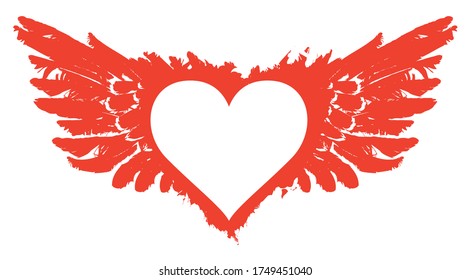 Flying heart. Vector graphic abstract illustration of a white heart with red wings isolated on white background. Suitable for valentine card, photo frame, t-shirt design, tattoo, design element