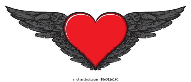 Flying heart. Vector graphic illustration of a red heart with black wings isolated on a light background. Suitable for Valentine card, sticker, t-shirt design, tattoo, design element