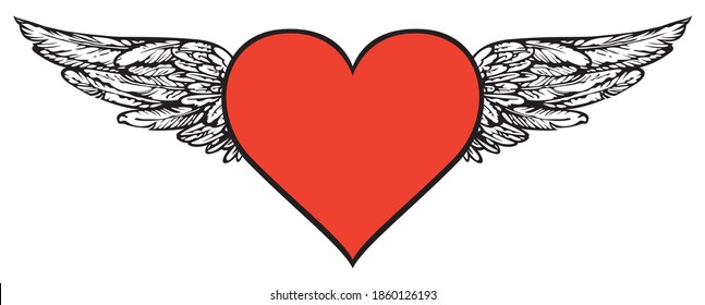 Flying heart. Vector graphic illustration of a red heart with white wings isolated on white background. Suitable for valentine card, t-shirt design, tattoo, sticker, design element