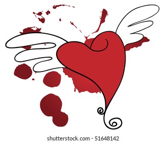 flying heart with wings and blood - vector