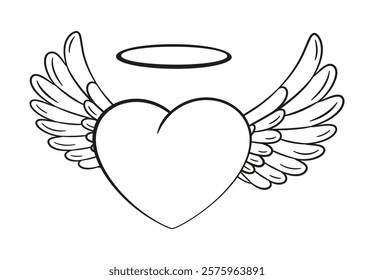 Flying heart with wings and halo doodle style Hand drawn black and white isolated logo cute flying heart. Angel heart with wings for web graphic design poster tattoo. Coloring page Vector illustration