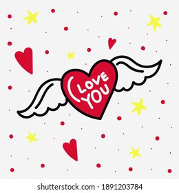 Flying heart with wings hand drawn flat vector illustration on white background, doodle style, concept of greeting card or banner, Valentines day holiday element