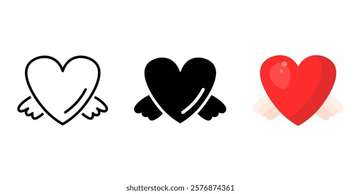 Flying heart with wings icon. Fall in love symbol. Romantic relationship pictogram. Valentines day greeting sign.