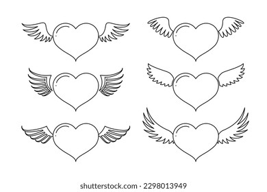 Flying heart with wings line icon set isolated on white background. Heart with wings vector logo. Flat design style. Vector illustration.