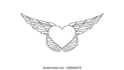 Flying heart with wings line illustration with editable stroke.nLove concept. Tattoo Linear heraldic element. Vector illustration isolated on white background.