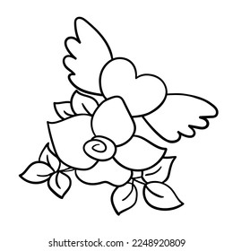 Flying heart with wings and rose flower isolated on white. Hand drawn black line sketch of doodle style. Vector element for romantic and wedding design, Valentine's day card, love illustration.