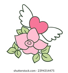 Flying heart with wings and rose flower isolated on white. Hand drawn sketch of light pink and green colors in doodle style. Vector picture for Valentine's Day card design, romantic and love print.