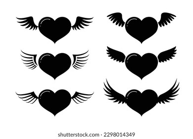 Corazón volador con un icono de silueta de alas aislado sobre fondo blanco. Logotipo vectorial del corazón con alas. Diseño plano. Ilustración vectorial.