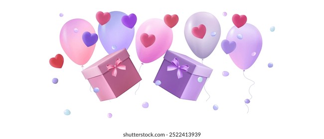 Flying hearts with balloons and gift boxes. Falling bright confetti. Holiday romantic symbol of love, birthday, wedding hearts. Festive contemporary banner. Valentine's Day. Vector illustration  3D.