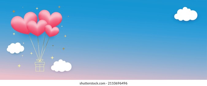 flying hearts balloons on sky with clouds