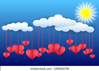 Flying hearts. Blue sky, white clouds and voluminous red hearts. Holiday background for Valentine's day, Wedding, Mother's Day.