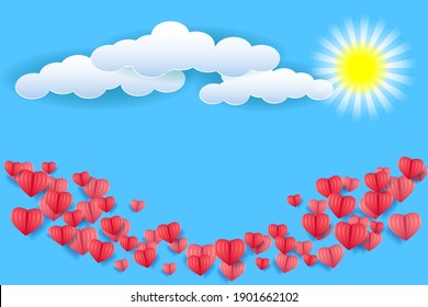 Flying hearts. Blue sky, white clouds and voluminous red hearts. Holiday background for Valentine's day, Wedding, Mother's Day.