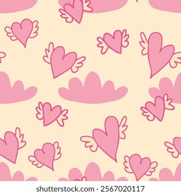 Flying hearts in cloud sky Valentine's Day seamless pattern. Perfect festive print for textile, fabric, card, sale. Hand drawn vector illustration.