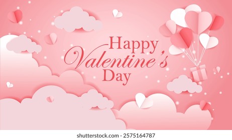 flying hearts and clouds valentine background and paper cut decoration