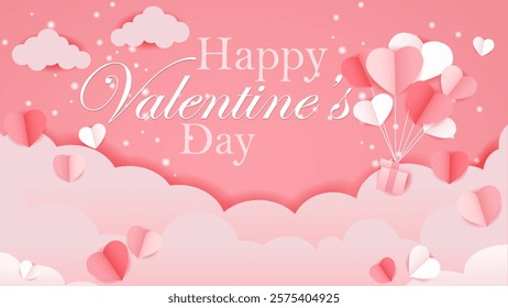 flying hearts and clouds valentine background and paper cut decoration