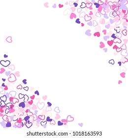 Flying hearts frame vector border. Background illustration with heart confetti love symbols for wedding invitation card template, Valentine's day love holiday banner frame in pink and violet.
