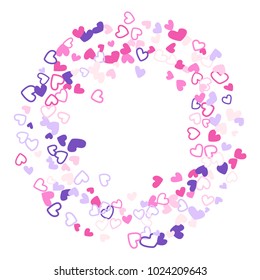 Flying hearts frame vector border. Background illustration with heart confetti love symbols for wedding invitation card template, Valentine's day love holiday banner frame in pink and violet.