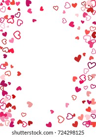 Flying hearts frame vector border. Background illustration with heart confetti love symbols for wedding invitation card template, Valentine's day love holiday banner frame in red pink, cherry.