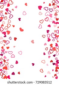 Flying hearts frame vector border. Background illustration with heart confetti love symbols for wedding invitation card template, Valentine's day love holiday banner frame in red pink, cherry.