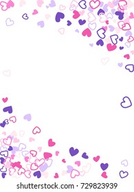 Flying hearts frame vector border. Background illustration with heart confetti love symbols for wedding invitation card template, Valentine's day love holiday banner frame in pink and violet.