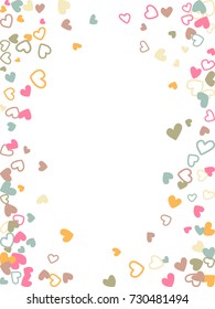 Flying hearts frame vector border. Background illustration with heart confetti love symbols for wedding invitation card template, Valentine's day love holiday banner frame in pastel colors.