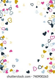 Flying hearts frame vector border. Background illustration with heart confetti love symbols for wedding invitation card template, Valentine's day love holiday banner frame in gold, pink, blue, grey.