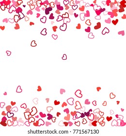 Flying hearts frame vector border. Background illustration with heart confetti love symbols for wedding invitation card template, Valentine's day love holiday banner frame in red, pink, cherry.