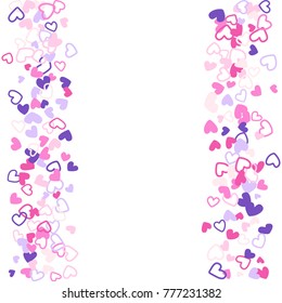 Flying hearts frame vector border. Background illustration with heart confetti love symbols for wedding invitation card template, Valentine's day love holiday banner frame in pink and violet.