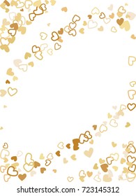 Flying hearts frame vector gold border. Background illustration with heart confetti love symbols for wedding invitation card template, Valentine's day love holiday banner frame in gold color.