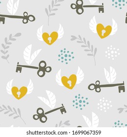 Flying hearts and keys seamless pattern, hand drawn hearts, keys, flowers, leafs, polka dots love background