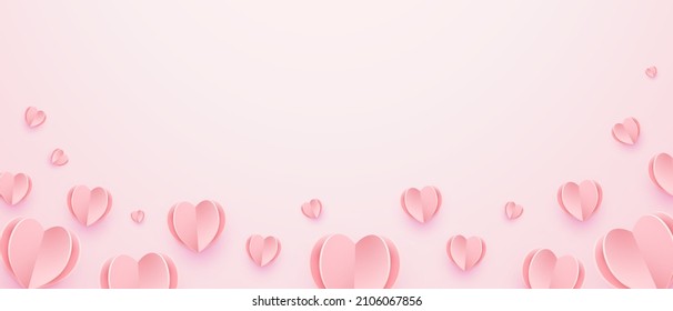 Flying hearts on pink background. Place for your text. Paper cut decorations for Happy Women s, Mother s, Valentine s Day, weddings, birthday.	