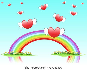 flying hearts on rainbow
