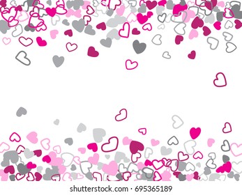 Flying hearts pink and grey vector pattern. Background illustration with love symbols confetti for wedding invitation card, Valentine's day hearts banner. Romantic feelings, relationships concept.