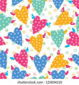 Flying hearts and polka dots. Seamless pattern.  	