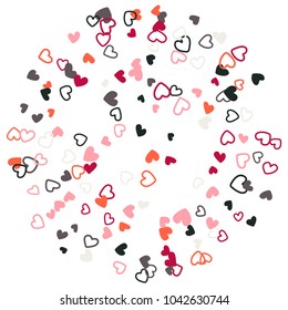 Flying hearts red grey pattern. Background illustration with love symbols heart confetti flying for wedding invitation card, Valentine's day confetti banner. Romantic feelings, relationships concept.