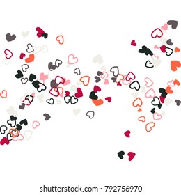 Flying hearts red grey pattern. Background illustration with love symbols heart confetti flying for wedding invitation card, Valentine's day confetti banner. Romantic feelings, relationships concept.
