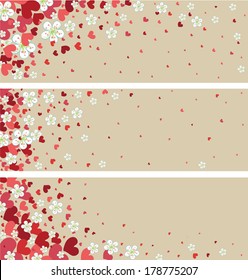 Flying hearts and spring flowers. Spring background,design template,sticker,poster,banner,wedding design.Vintage,Retro style.Vector illustration