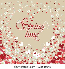 Flying hearts and spring flowers.Vector illustration