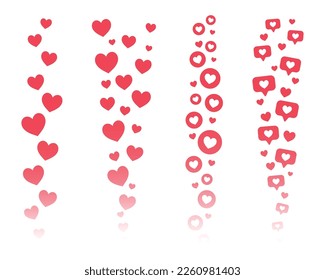 Flying hearts stream. Love likes emotions for social media. Positive reaction and feedback. Vector set.