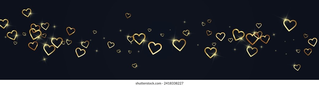 Flying hearts for valentine's day.  Gold hearts scattered on black background. Beautiful flying hearts vector illustration.