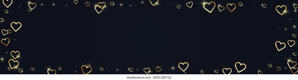 Flying hearts for valentine's day.  Gold hearts scattered on black background. Beautiful flying hearts vector illustration.