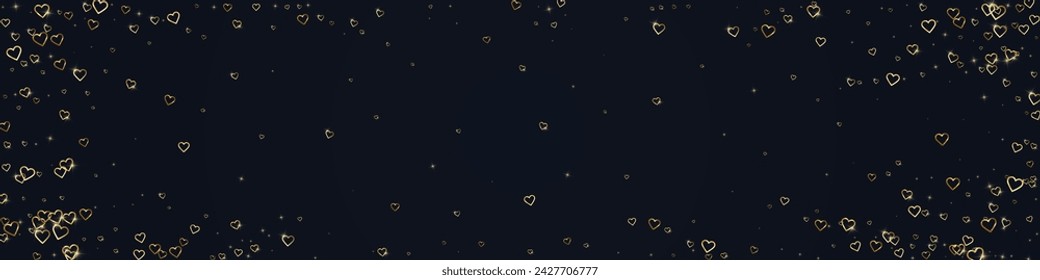 Flying hearts for valentine's day.  Gold hearts scattered on black background. Beautiful flying hearts vector illustration.