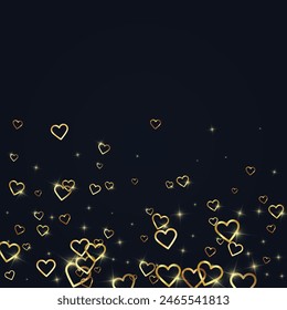 Flying hearts for valentine's day.  Gold hearts scattered on black background. Beautiful flying hearts vector illustration.