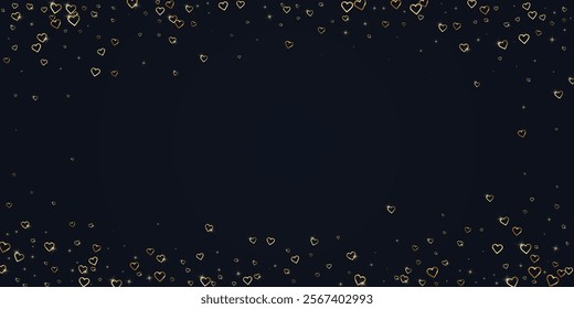 Flying hearts for valentine's day.  Gold hearts scattered on black background. Beautiful flying hearts vector illustration.