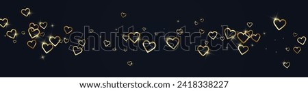 Flying hearts for valentine's day.  Gold hearts scattered on black background. Beautiful flying hearts vector illustration.